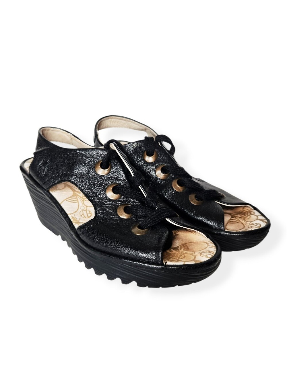 Fly London YLVA Lace Up Wedge Slingback Sandals Black Women's EU 39 US 8.5